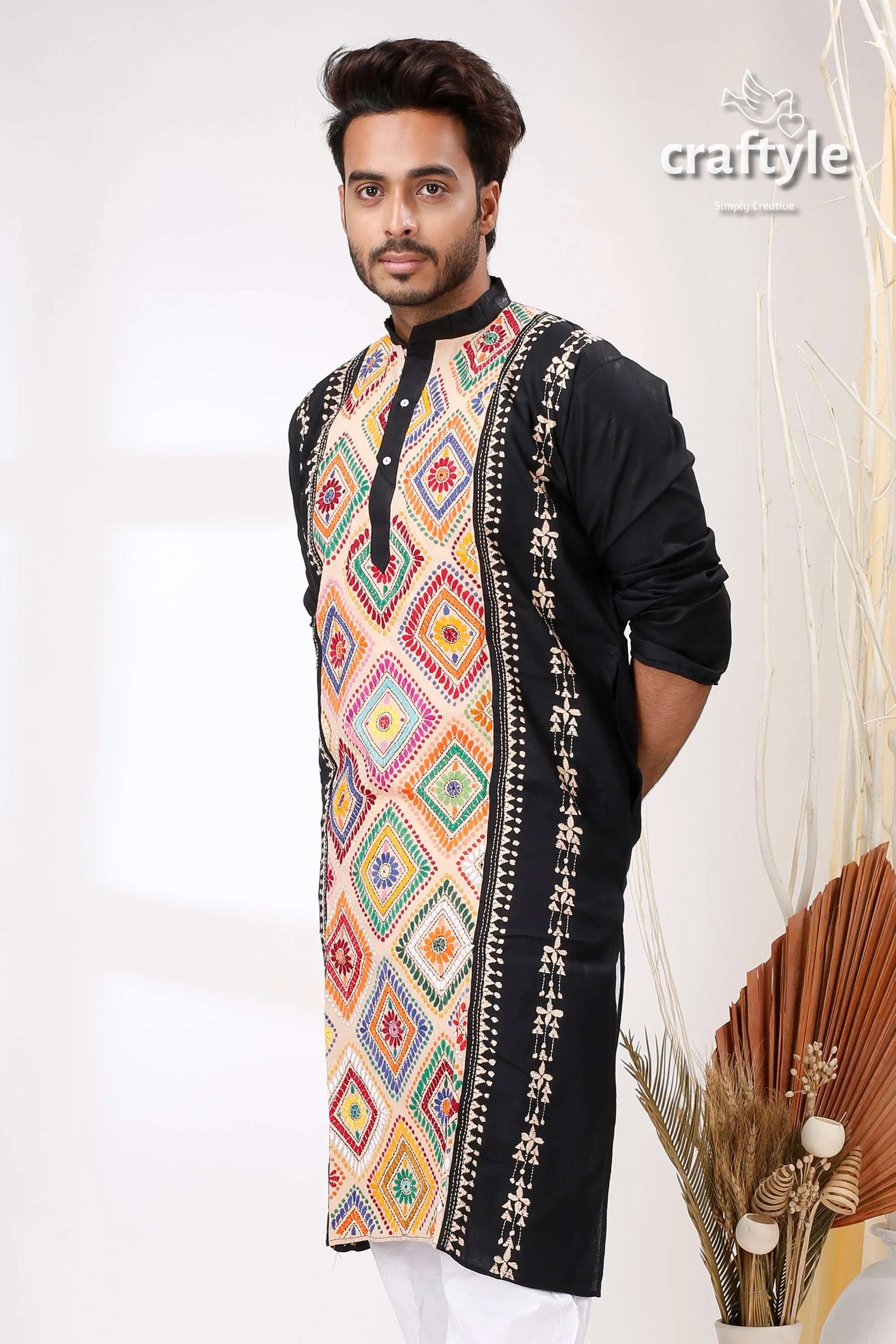 Black with multithread work kantha cotton kurta for men cream-colored embroidered vibrant 2