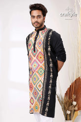 Black with multithread work kantha cotton kurta for men cream-colored embroidered vibrant 2