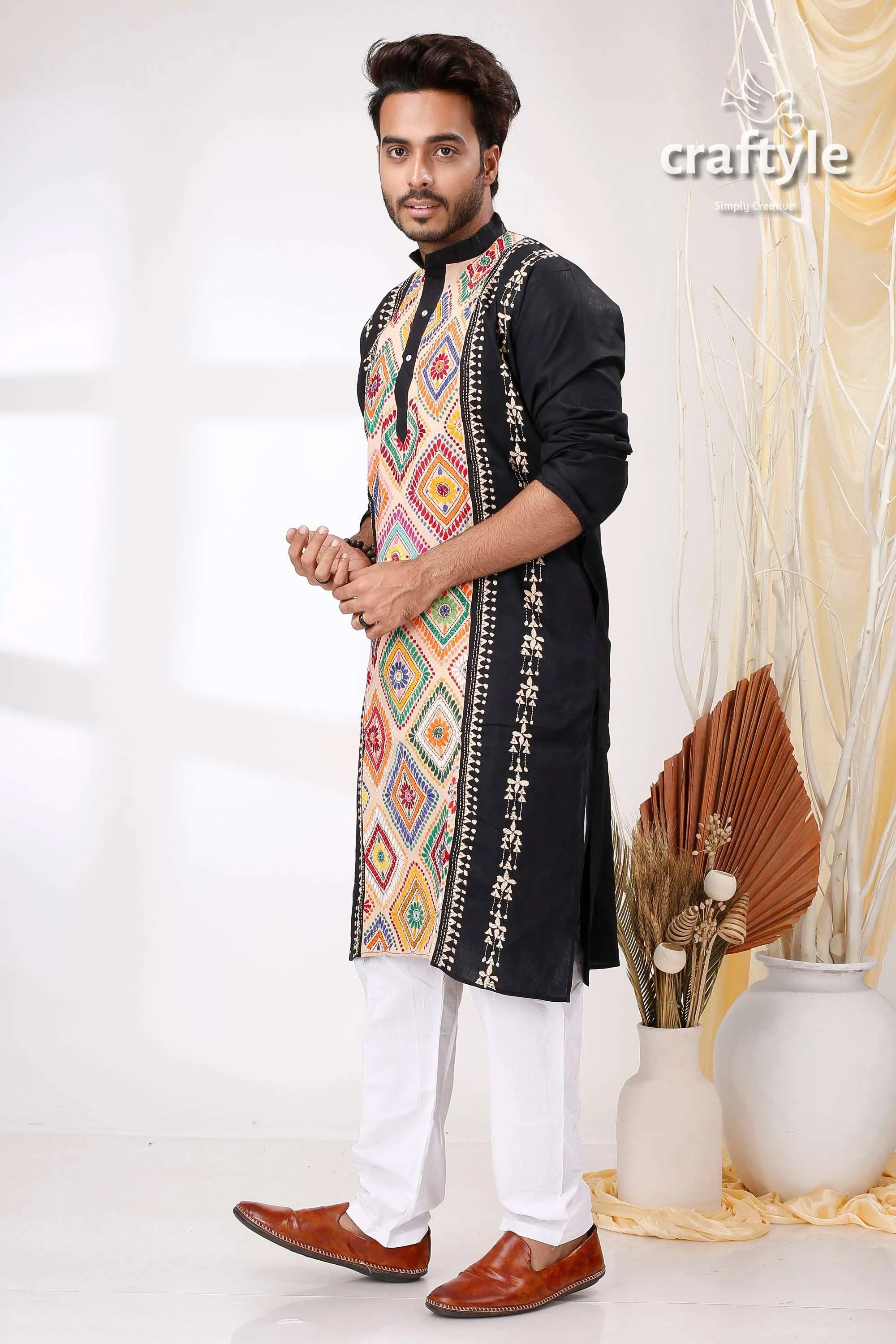 Black with multithread work kantha cotton kurta for men vibrant geometric embroidery 3