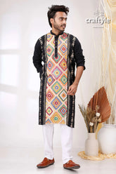 Black with multithread work kantha cotton kurta for men vibrant geometric embroidery 1