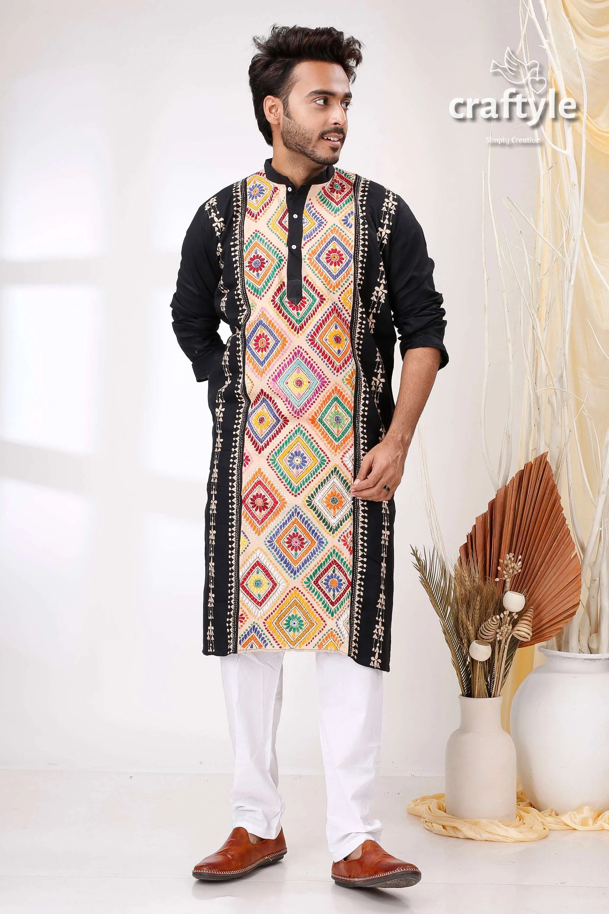 Black with multithread work kantha cotton kurta for men vibrant geometric embroidery 1