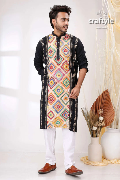 Black with multithread work kantha cotton kurta for men vibrant geometric embroidery 1