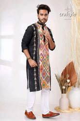 Black with multithread work kantha cotton kurta for men vibrant geometric embroidery 4