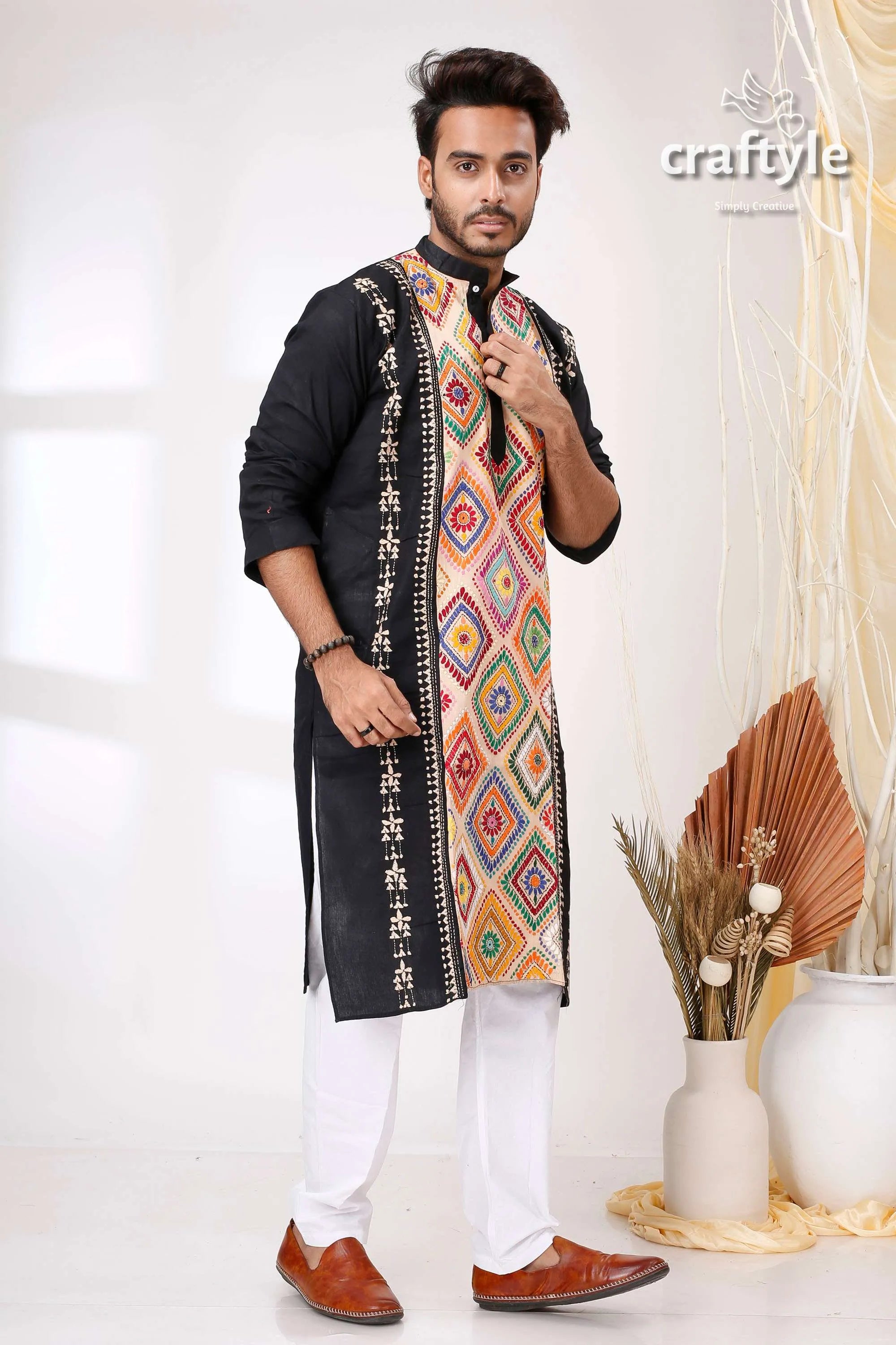 Black with multithread work kantha cotton kurta for men vibrant geometric embroidery 4