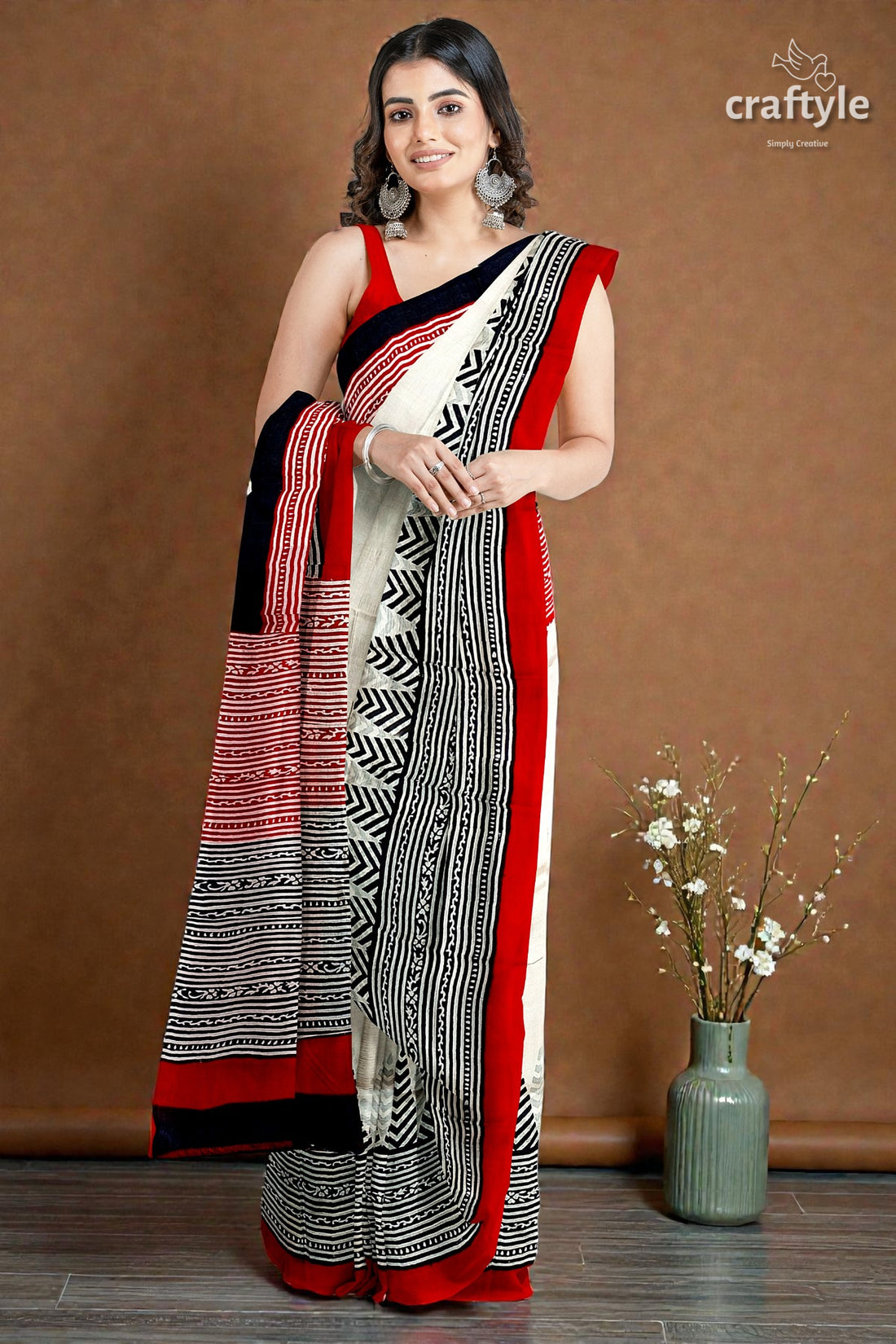 Crimson Red  White Hand Block Printed Mulberry Pure Silk Saree