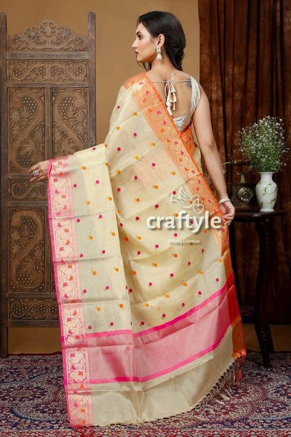 Blonde yellow tissue organza soft silk saree woman cream-colored saree pink orange 5