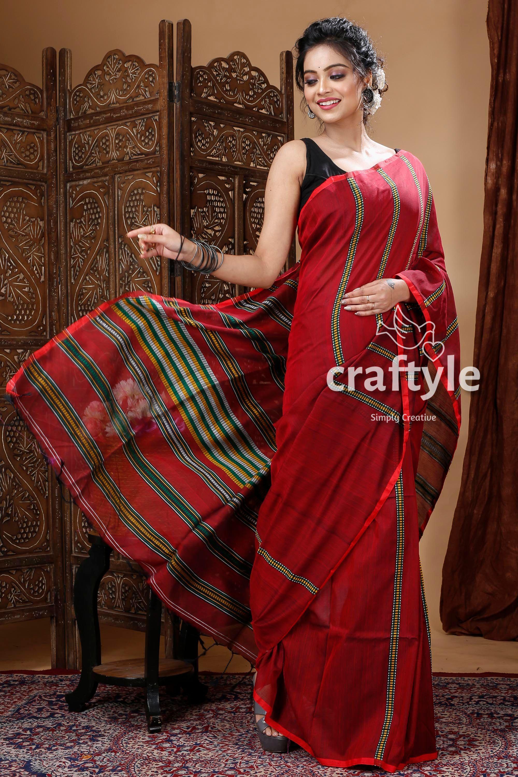 Blood Red Graceful Handloom Cotton Drape Saree-Craftyle