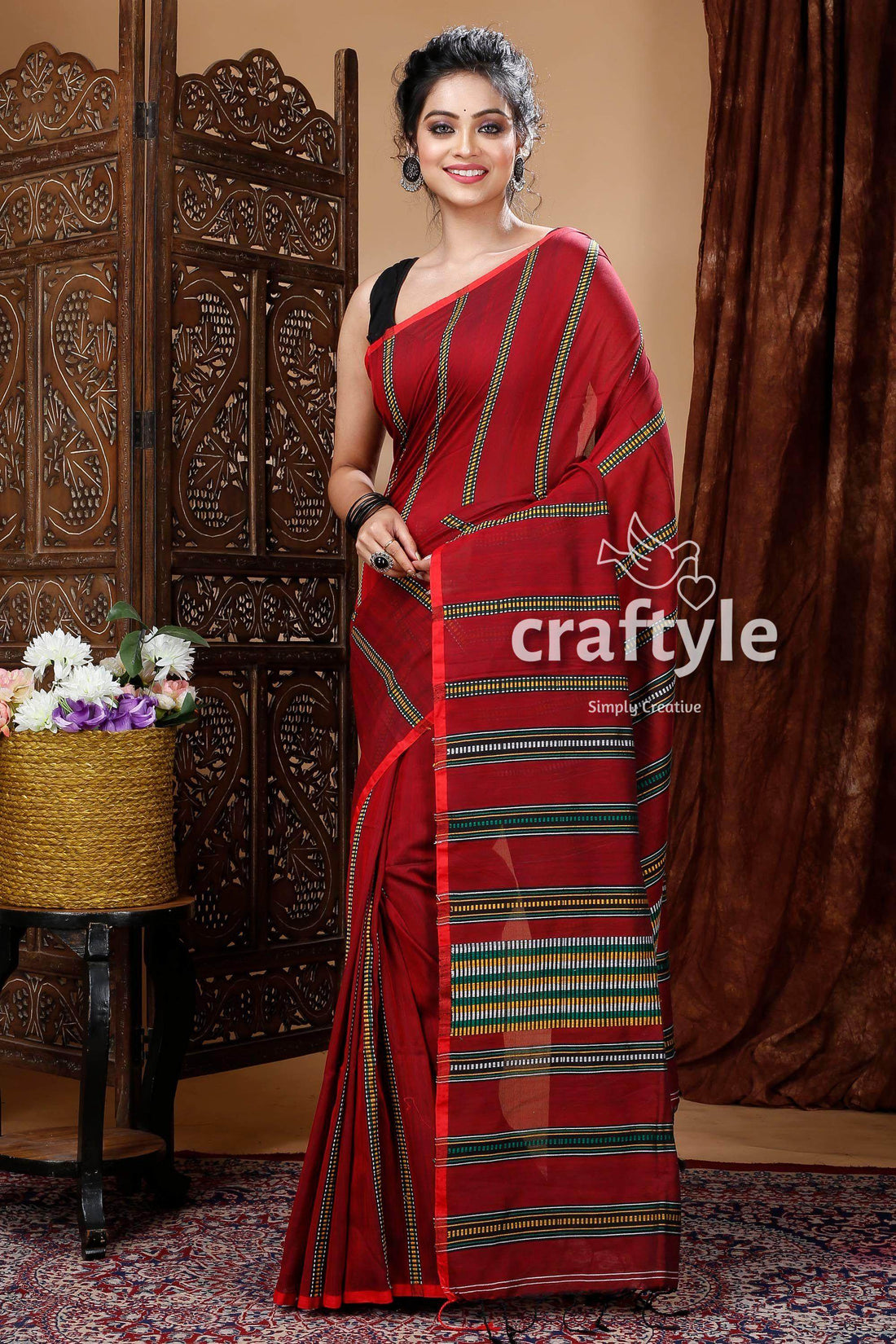 Blood Red Graceful Handloom Cotton Drape Saree-Craftyle