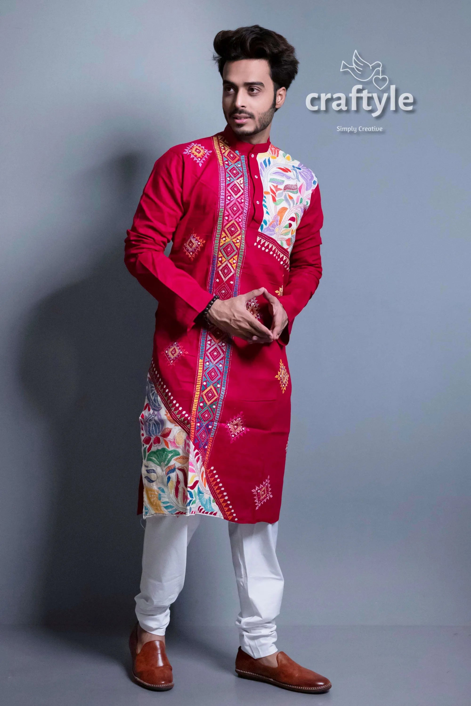 Blood red kantha stitch cotton panjabi for men | punjabi kurta men’s long-sleeve vibrant 2