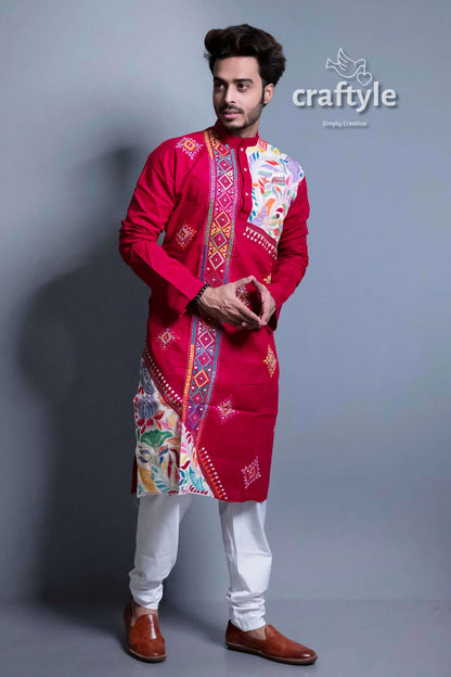 Blood red kantha stitch cotton panjabi for men | punjabi kurta men’s long-sleeve vibrant 2