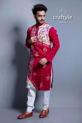 Blood red kantha stitch cotton panjabi for men | punjabi kurta men’s maroon colorful embroidery 4