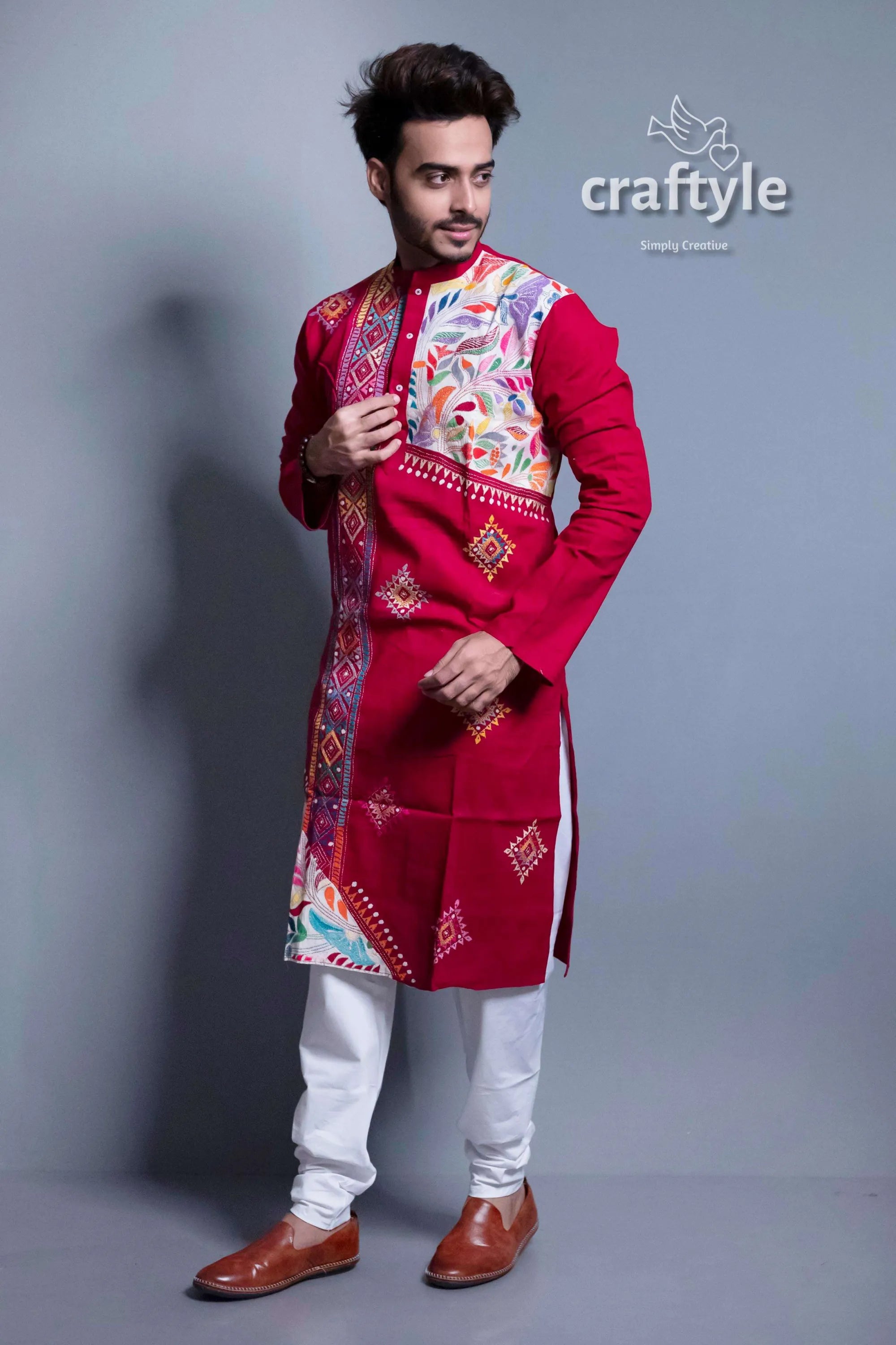 Blood red kantha stitch cotton panjabi for men | punjabi kurta men’s maroon colorful embroidery 4
