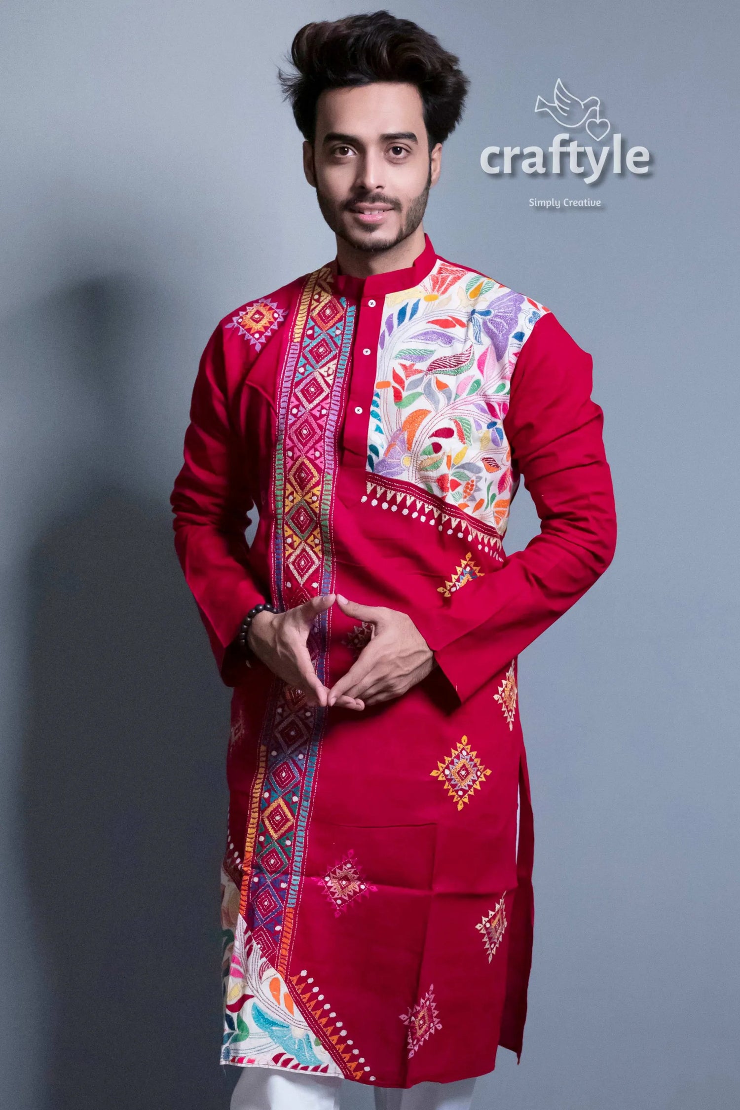 Blood red kantha stitch cotton panjabi for men | punjabi kurta men’s long-sleeved colorful 3