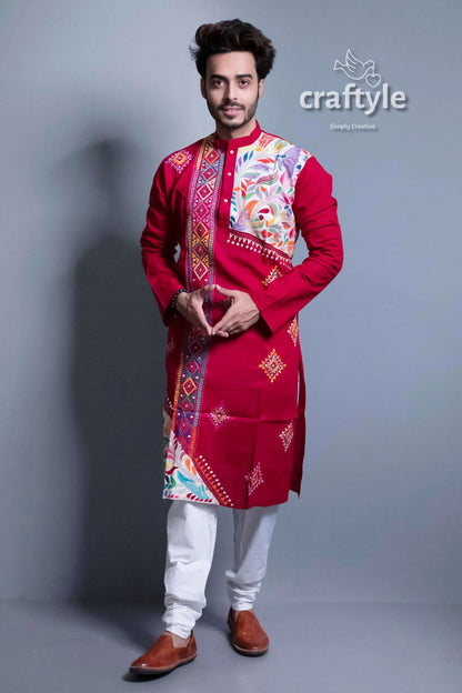 Blood red kantha stitch cotton panjabi for men | punjabi kurta men’s colorful embroidery 1