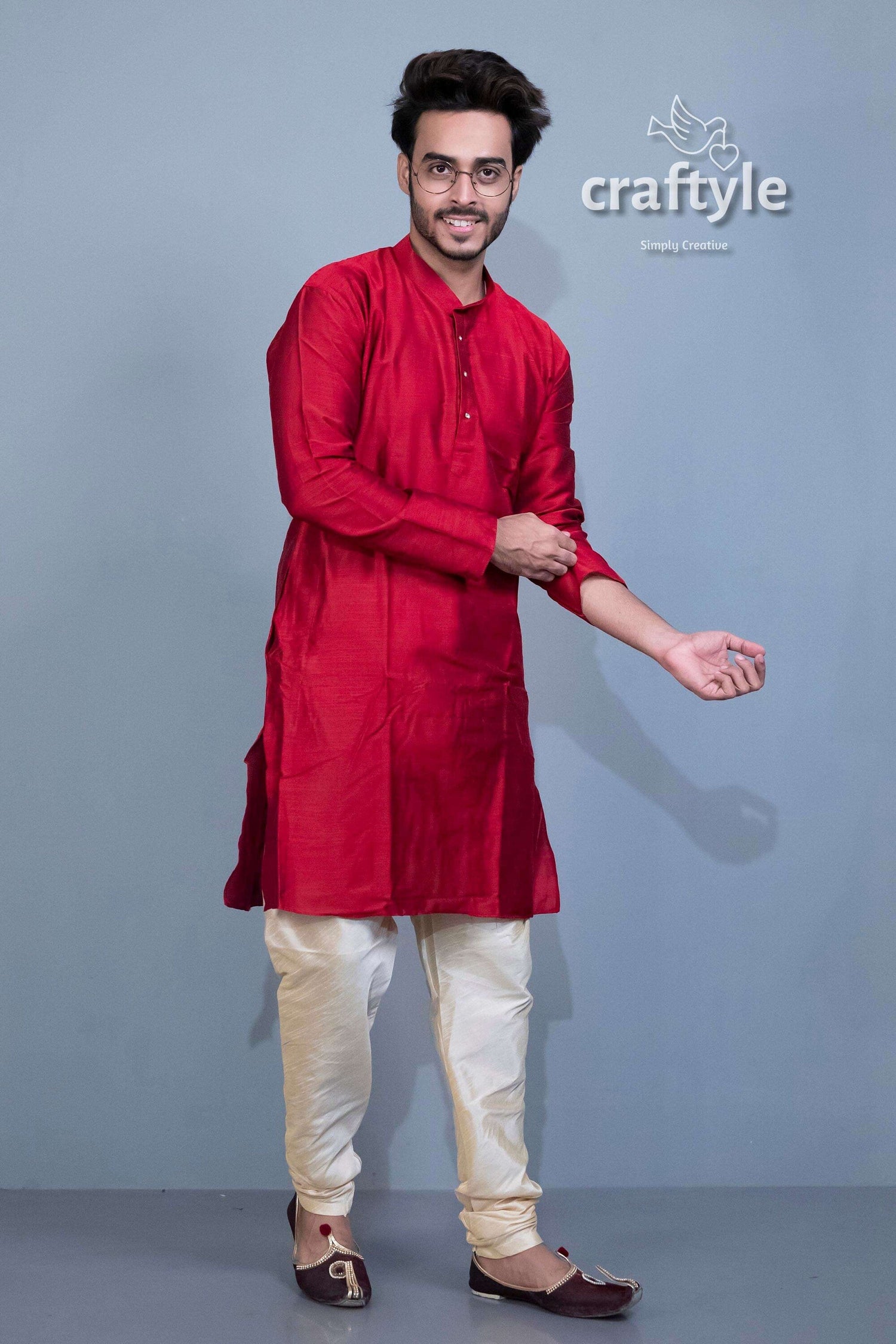 Blood Red Solid Mens Kurta with Weave Work - Craftyle