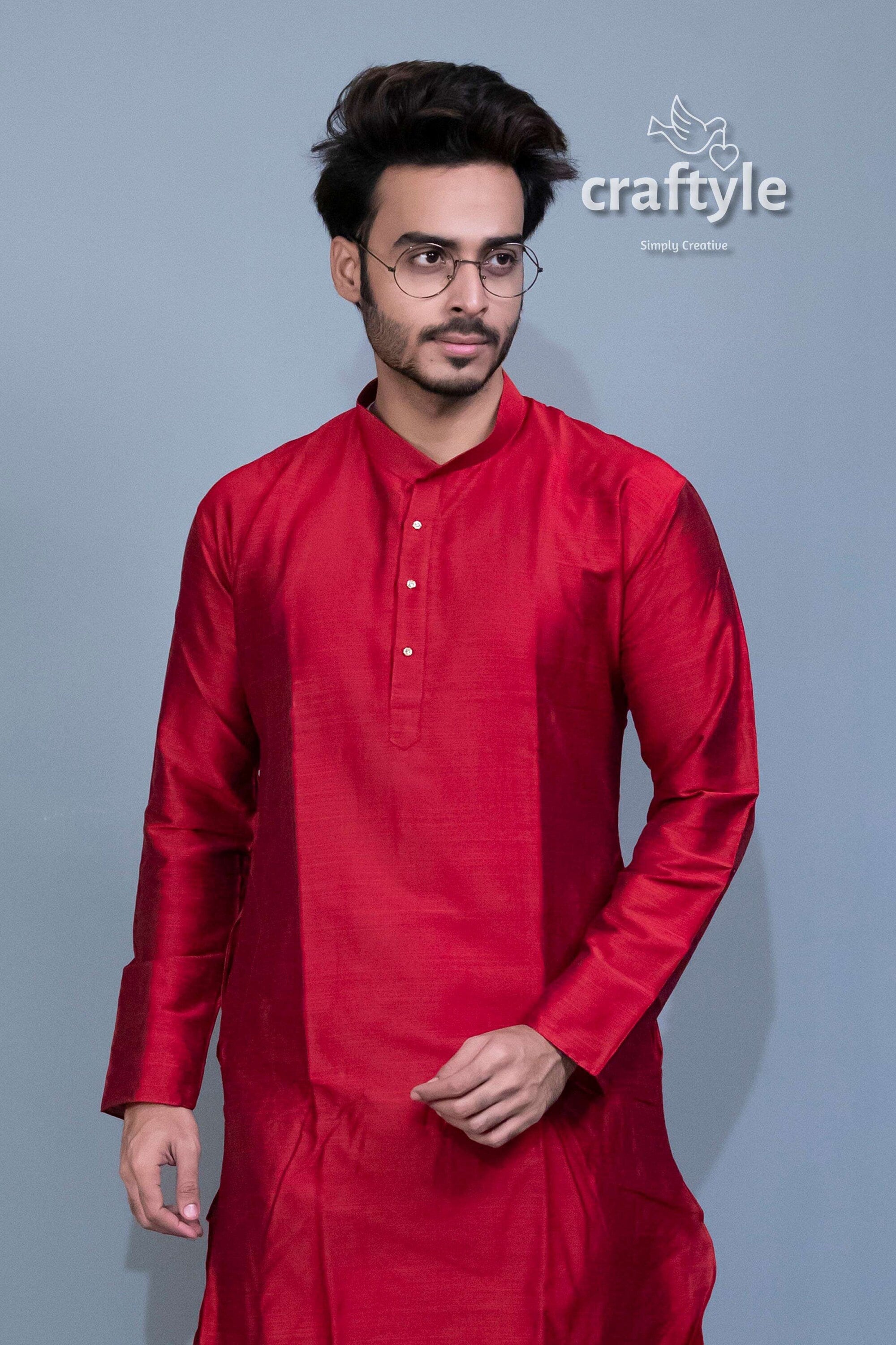 Blood Red Solid Mens Kurta with Weave Work - Craftyle