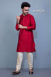 Blood Red Solid Mens Kurta with Weave Work - Craftyle