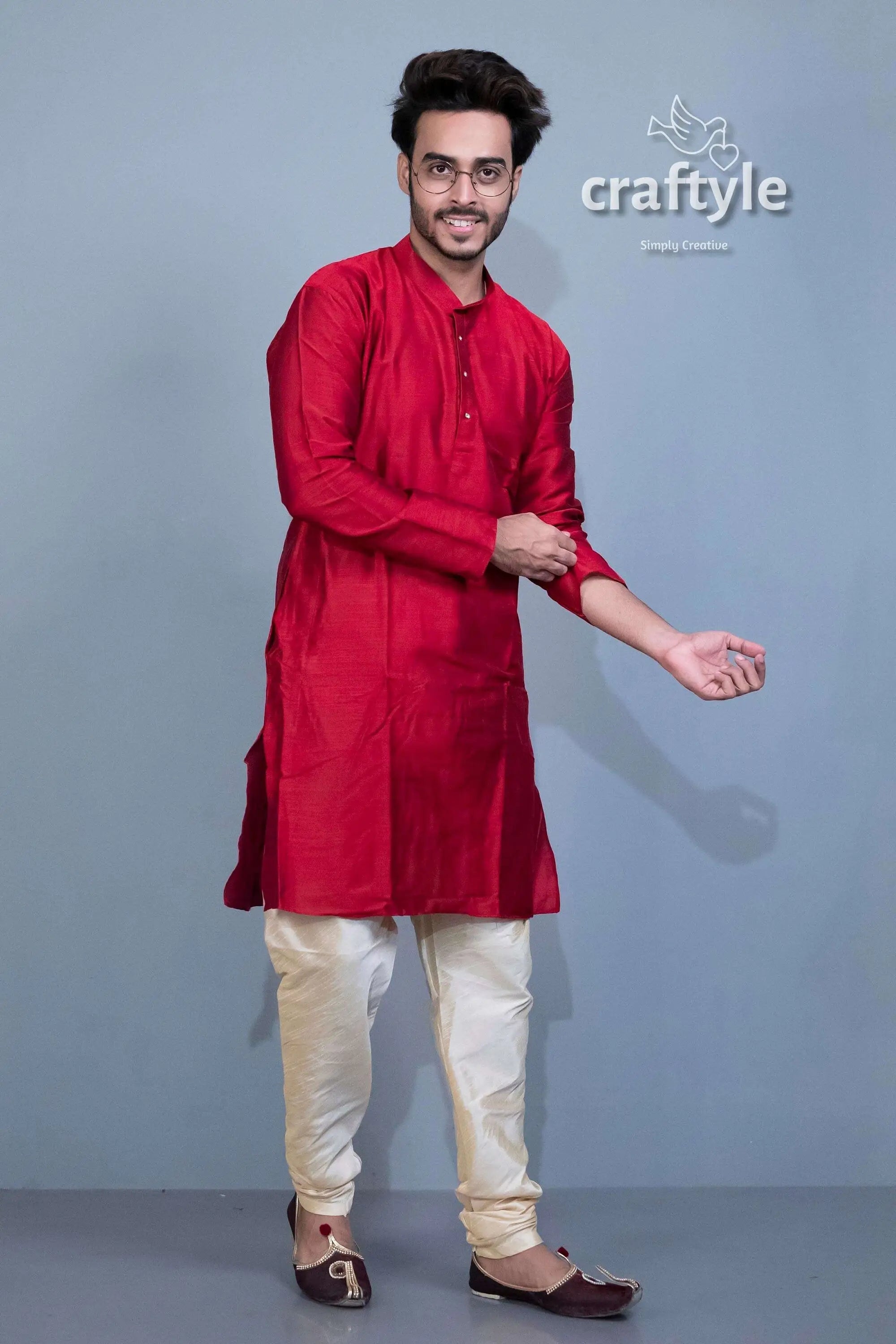 Blood red solid mens kurta with weave work man red kurta cream pants 2