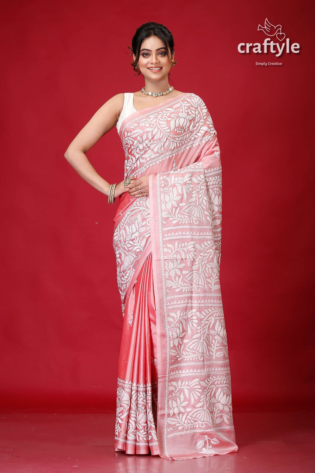 Blossom White Thread Work Ethnic Silk Kantha Saree-Craftyle