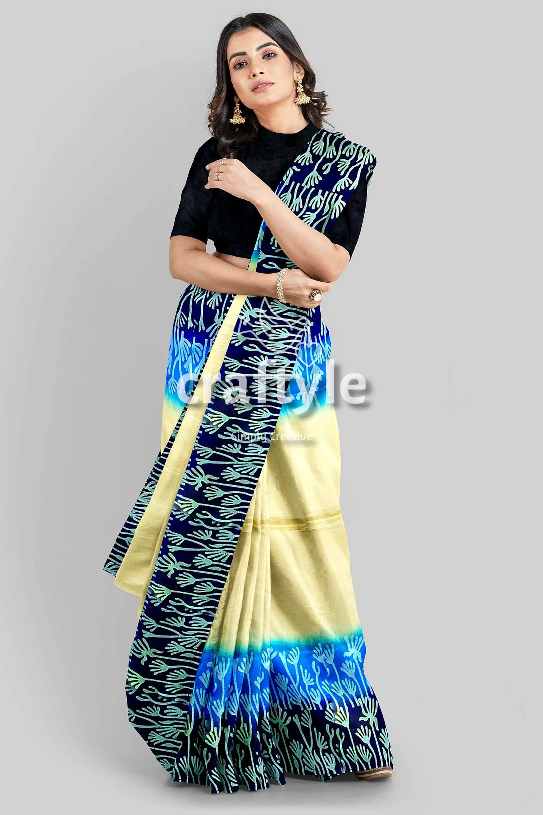 Blue cream mulberry pure silk saree with hand block print - exquisite indian woman blue cream saree 2