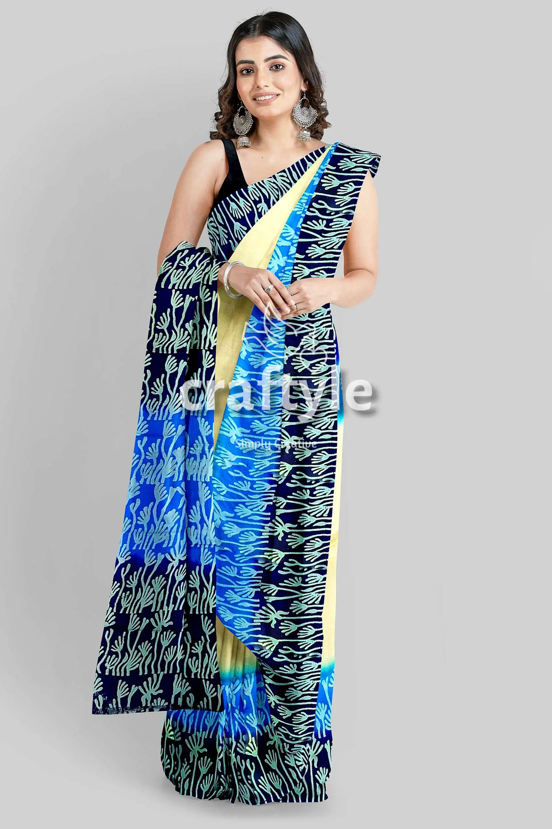 Blue cream mulberry pure silk saree with hand block print - exquisite indian woman patterned saree 1