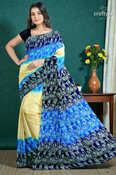 Blue cream mulberry pure silk saree with hand block print - exquisite indian 4