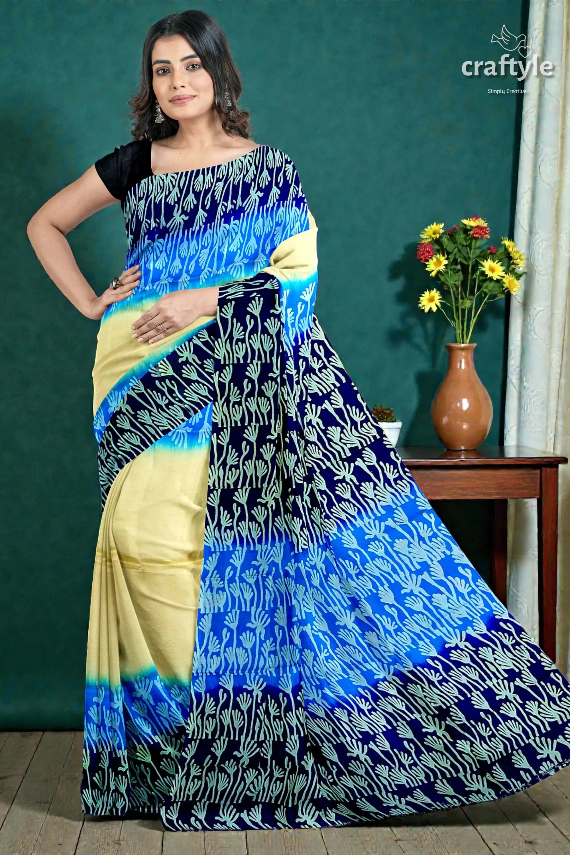 Blue cream mulberry pure silk saree with hand block print - exquisite indian 4