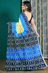 Blue cream mulberry pure silk saree with hand block print - exquisite indian 5