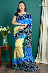 Blue cream mulberry pure silk saree with hand block print - exquisite indian 3