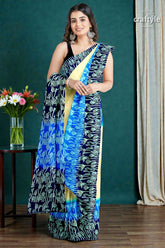 Blue cream mulberry pure silk saree with hand block print - exquisite indian 1