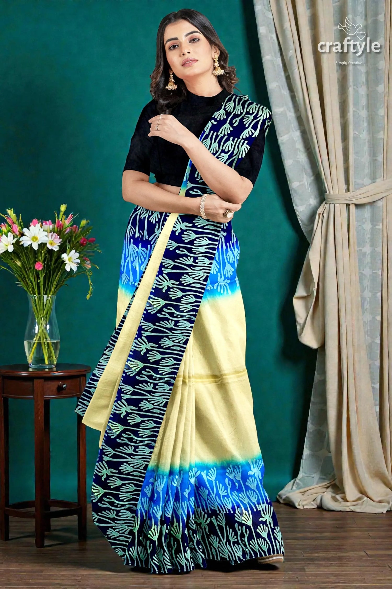 Blue cream mulberry pure silk saree with hand block print - exquisite indian 2