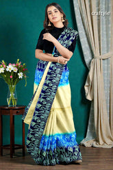 Blue cream mulberry pure silk saree with hand block print - exquisite indian 2