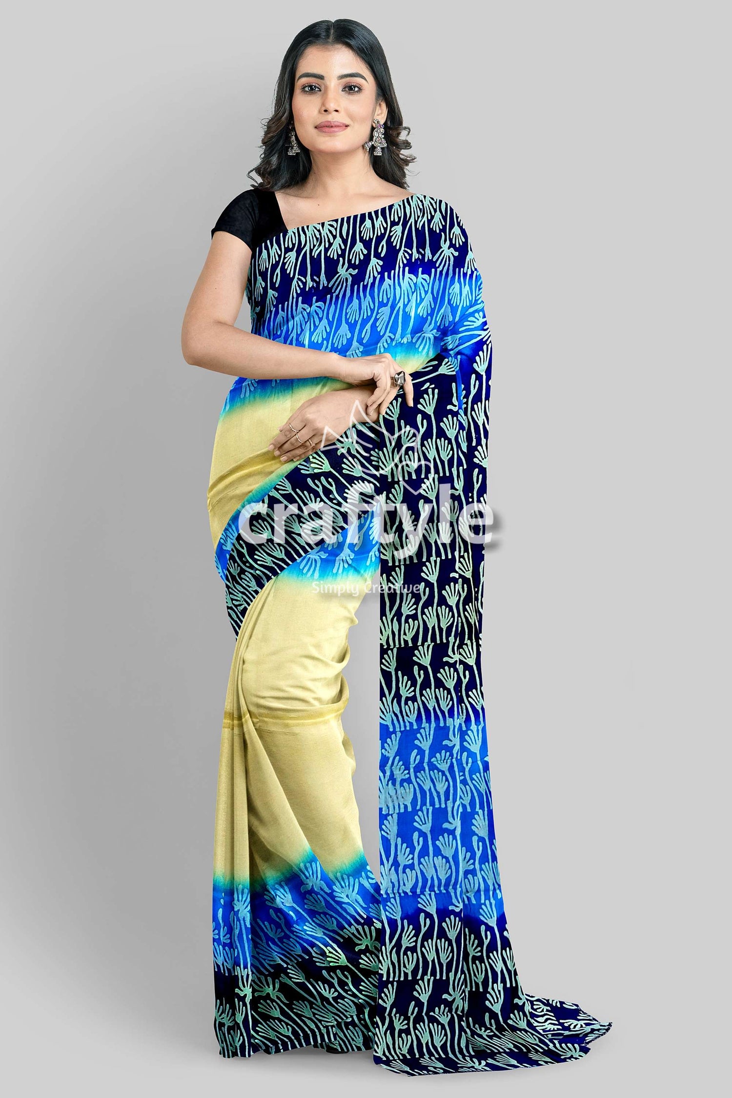 Blue Cream Mulberry Pure Silk Saree with Hand Block Print - Exquisite Indian Silk Saree - Craftyle