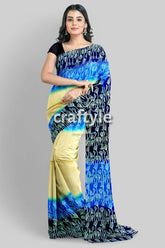 Blue Cream Mulberry Pure Silk Saree with Hand Block Print - Exquisite Indian Silk Saree - Craftyle