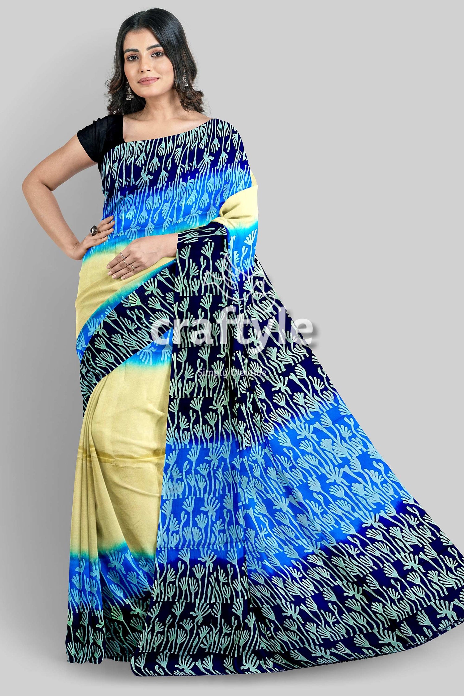 Blue Cream Mulberry Pure Silk Saree with Hand Block Print - Exquisite Indian Silk Saree - Craftyle