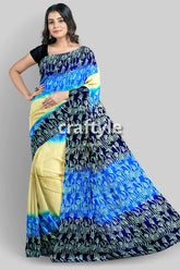 Blue Cream Mulberry Pure Silk Saree with Hand Block Print - Exquisite Indian Silk Saree - Craftyle