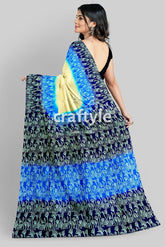 Blue Cream Mulberry Pure Silk Saree with Hand Block Print - Exquisite Indian Silk Saree - Craftyle