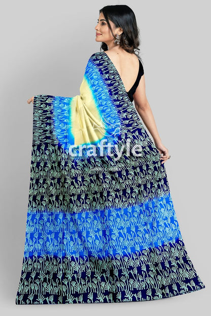 Blue Cream Mulberry Pure Silk Saree with Hand Block Print - Exquisite Indian Silk Saree - Craftyle