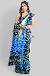 Blue Cream Mulberry Pure Silk Saree with Hand Block Print - Exquisite Indian Silk Saree - Craftyle