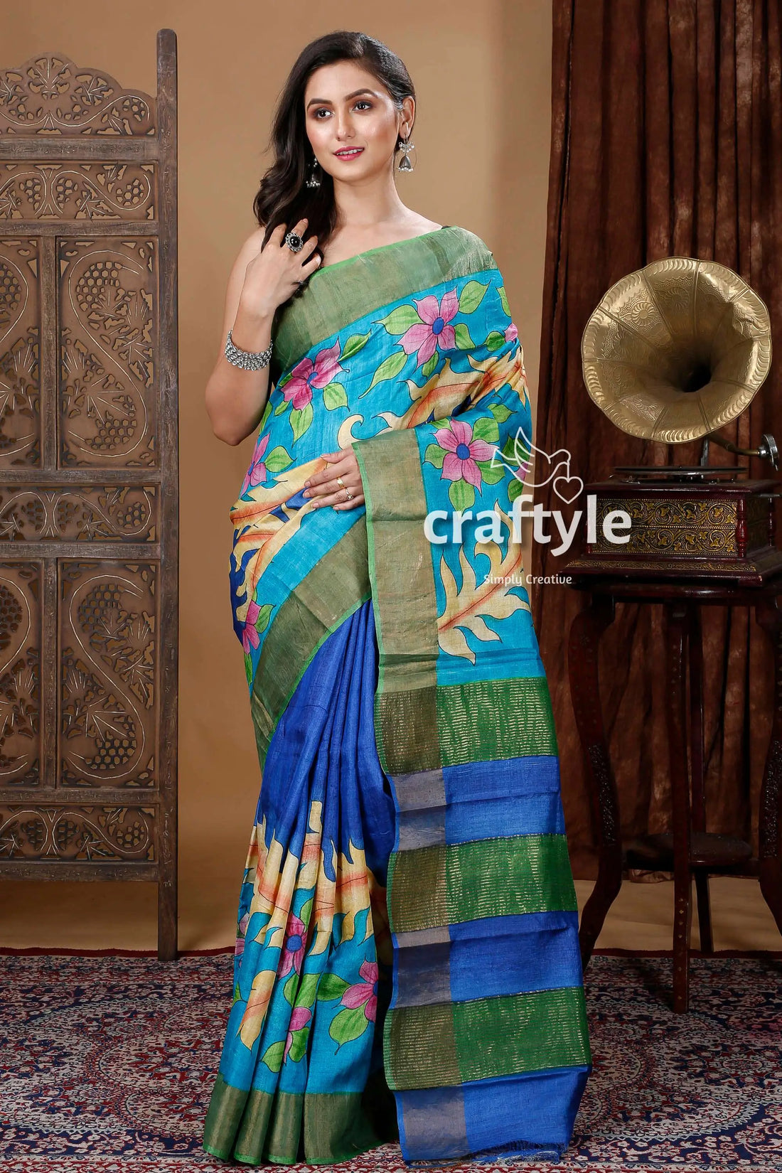 Blue hand painted zari tussar silk saree with floral motif - pure elegance blue floral patterned saree 1