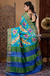 Blue Hand Painted Zari Tussar Silk Saree with Floral Motif - Pure Elegance - Craftyle