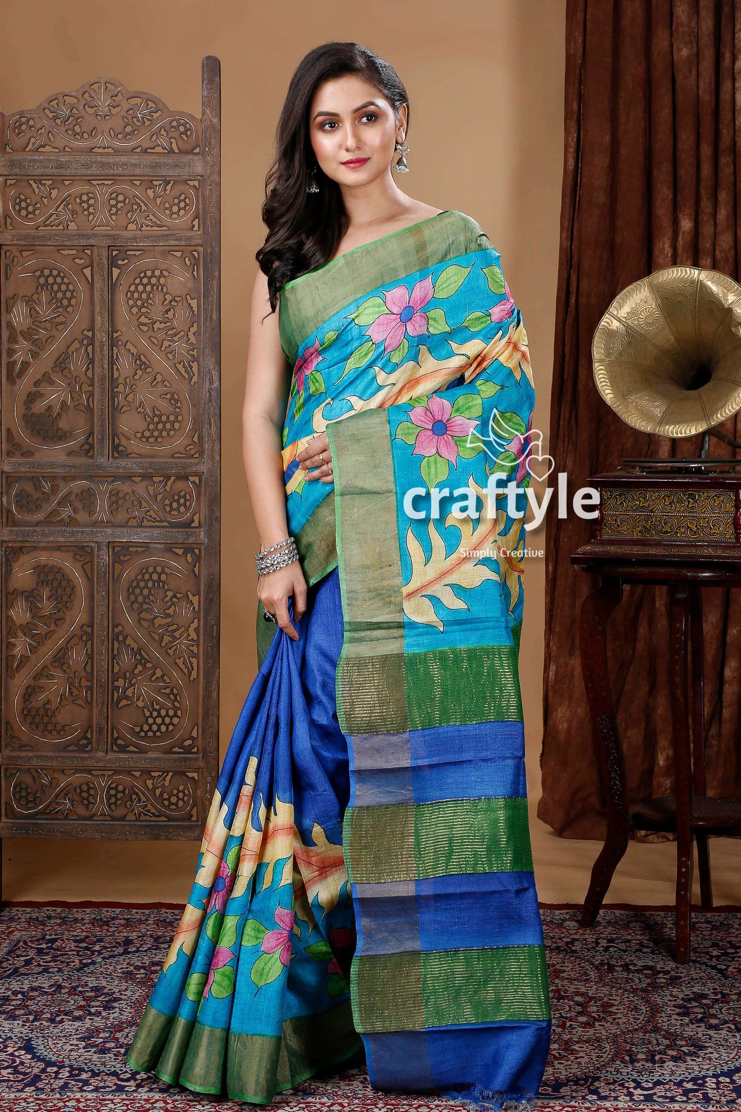 Blue Hand Painted Zari Tussar Silk Saree with Floral Motif - Pure Elegance - Craftyle