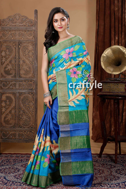 Blue Hand Painted Zari Tussar Silk Saree with Floral Motif - Pure Elegance - Craftyle