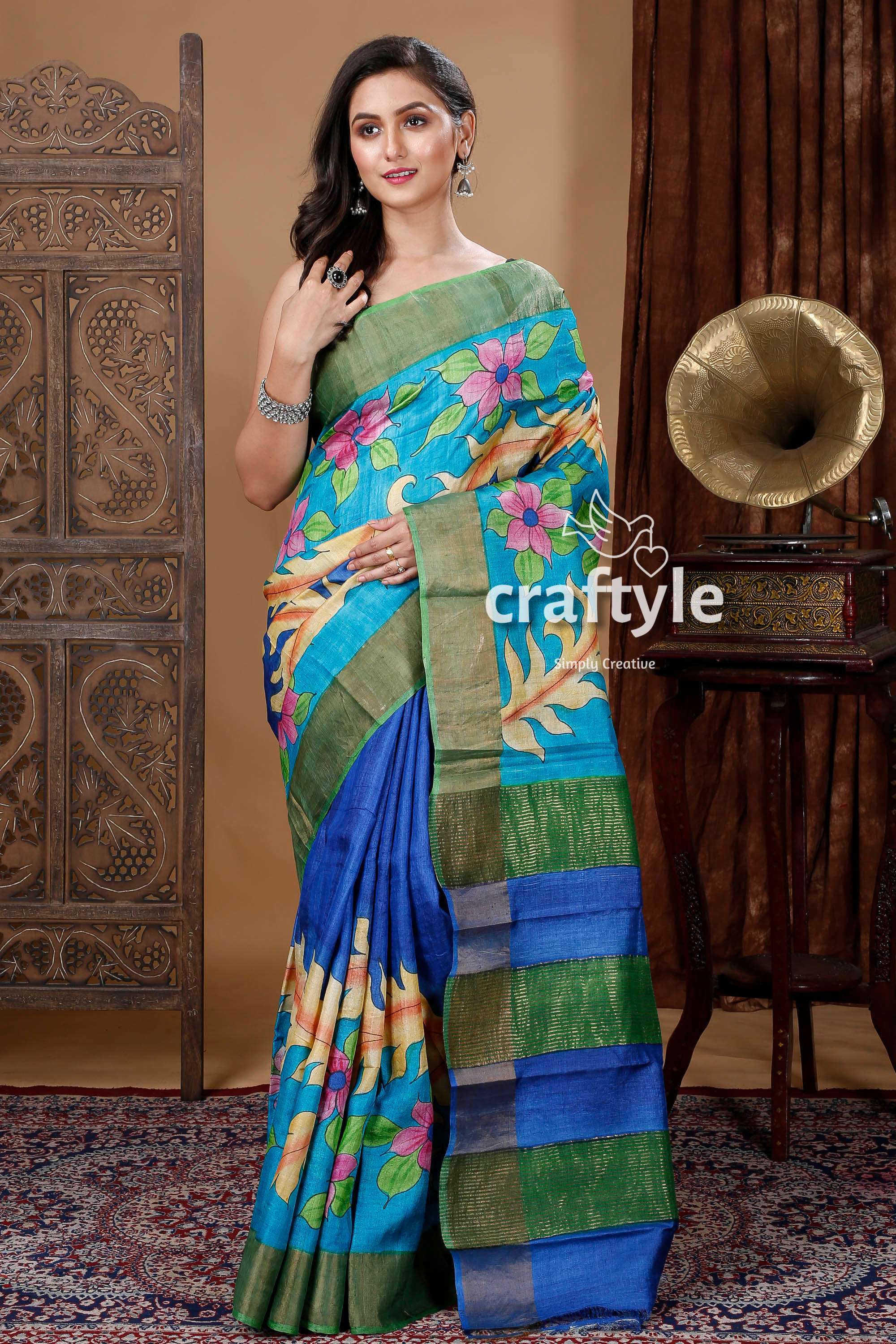 Blue Hand Painted Zari Tussar Silk Saree with Floral Motif - Pure Elegance - Craftyle