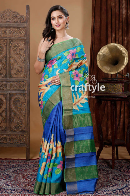 Blue Hand Painted Zari Tussar Silk Saree with Floral Motif - Pure Elegance - Craftyle