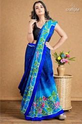 Blue lotus motif ma durga painted hand batik pure mulberry silk sare 2