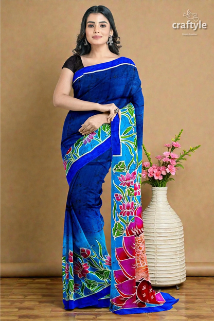 Blue lotus motif ma durga painted hand batik pure mulberry silk sare 4