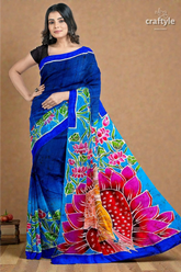 Blue lotus motif ma durga painted hand batik pure mulberry silk sare 5