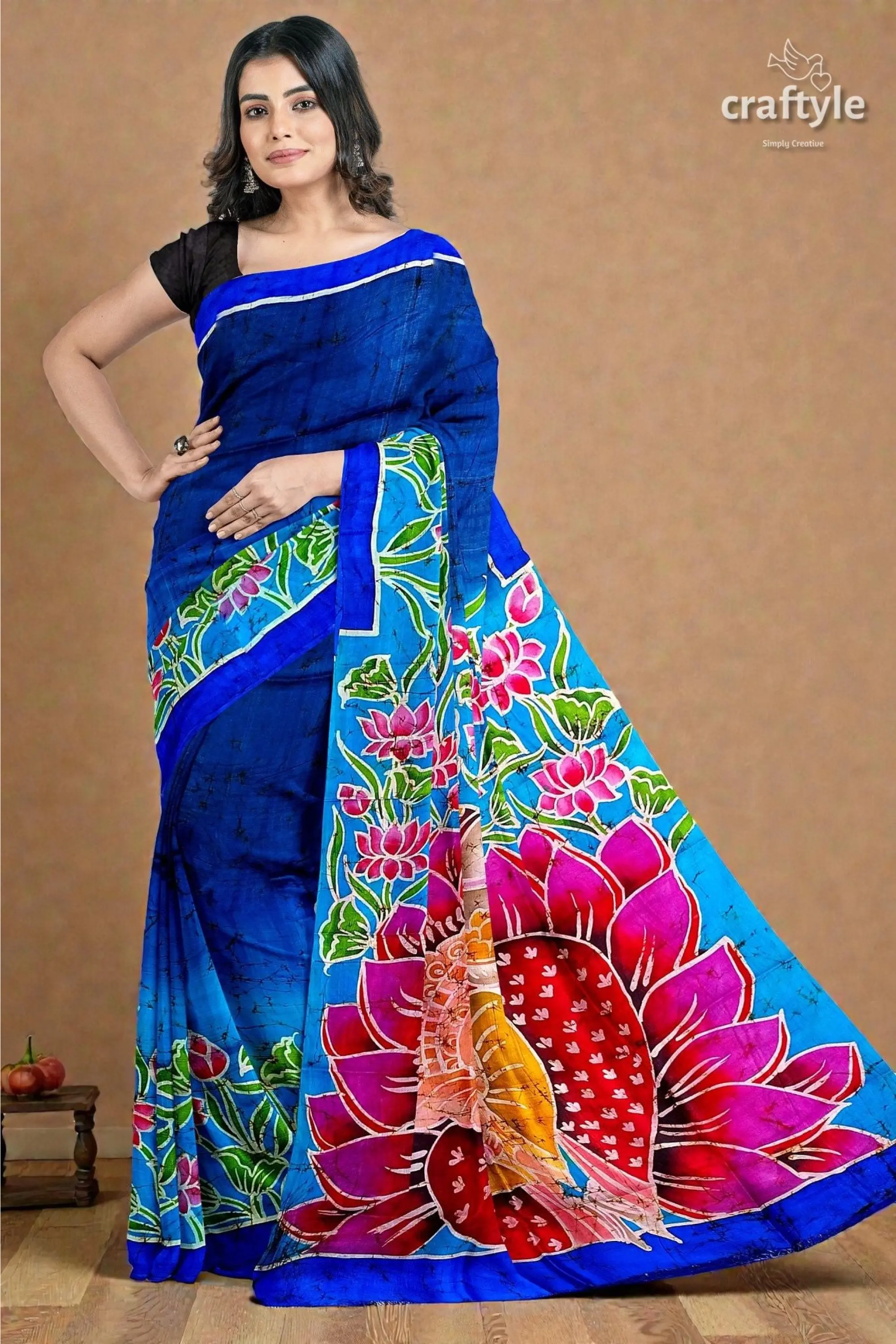 Blue lotus motif ma durga painted hand batik pure mulberry silk sare 5