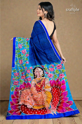Blue lotus motif ma durga painted hand batik pure mulberry silk sare 3